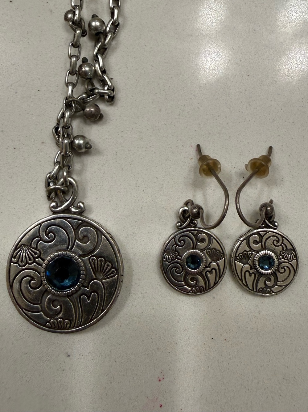 Brighton Silver Tone Blue Crystal Scroll Pendant Necklace & Matching Earrings